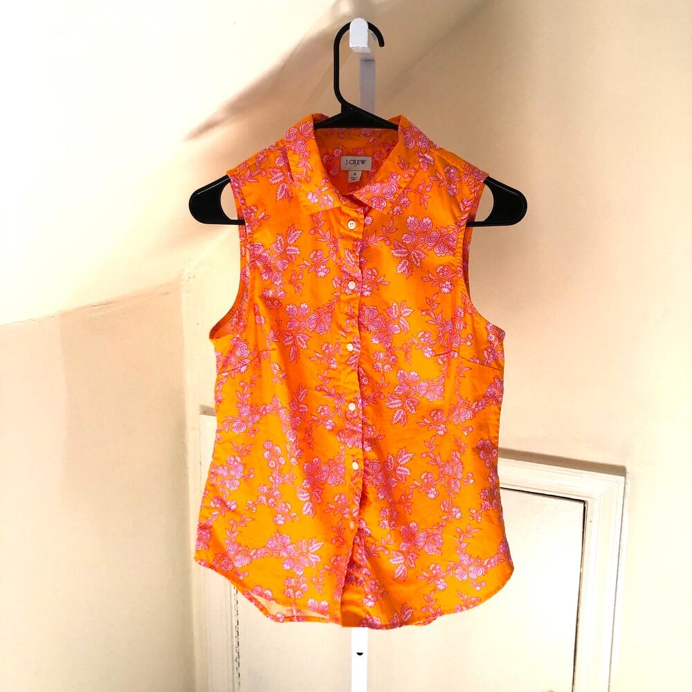 J. Crew Factory EUC Women's Orange Floral Button Down Sleeveless Blouse S